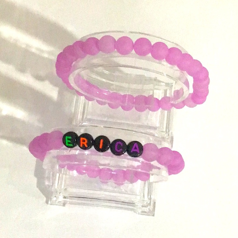 #007 Handcrafted lilac purple set of 2 name bead bracelet.